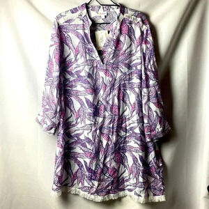 NWT LULUROE WO SIZE LARGE TUNIC OR SWIM COVER UP WHITE LAVENDER WHITE FRINGE